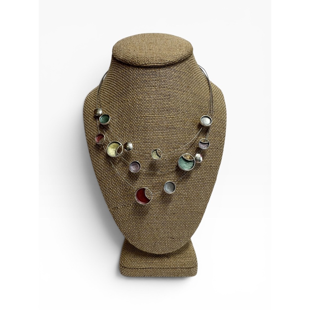 Artisan Multi‎ Strand Silver Tone Wire Necklace Painted Resin Adjustable
